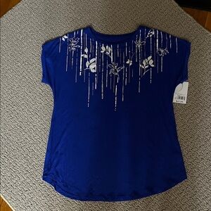 Kohl's XS new Royal Blue Women's Top with White Floral Accents NWT